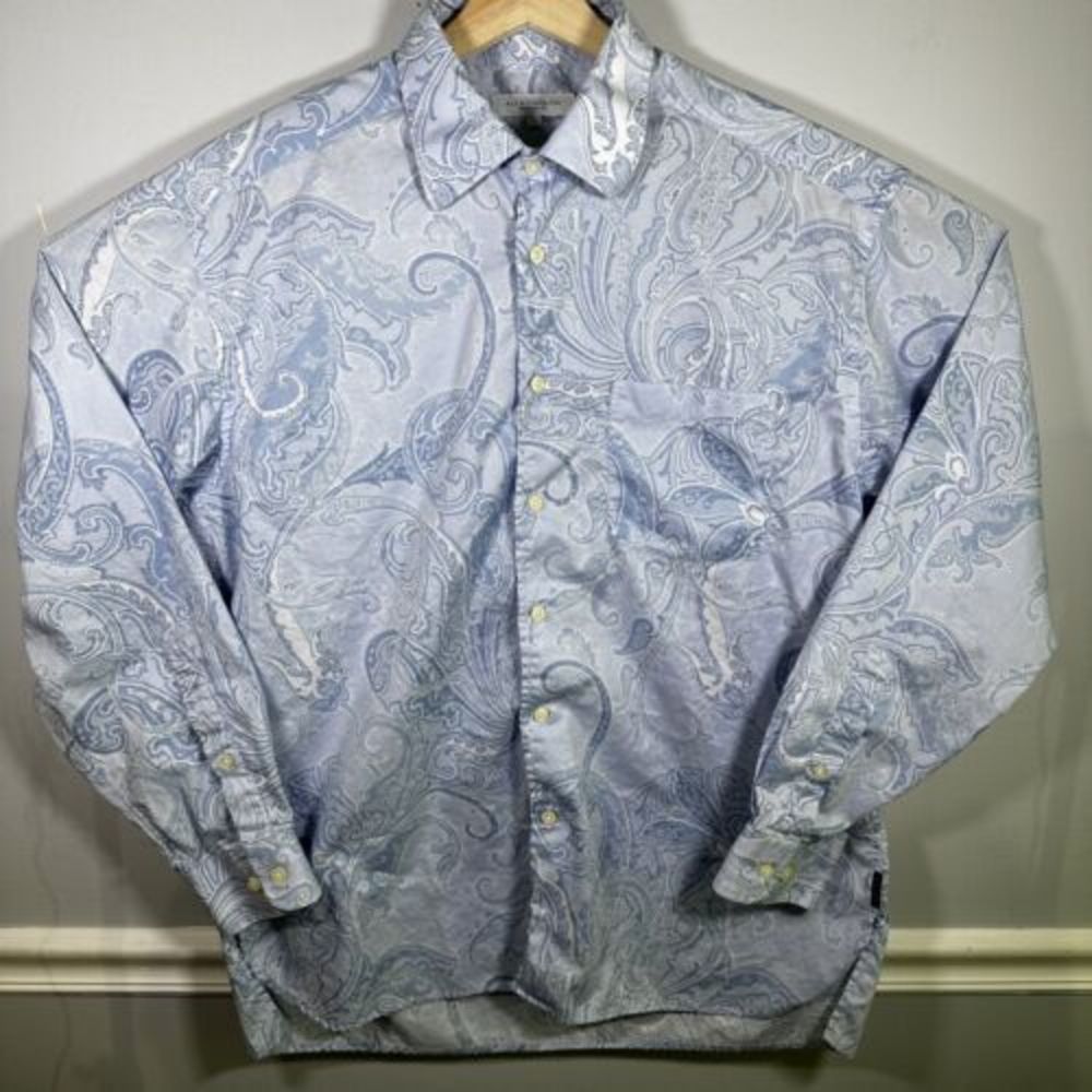 Alex Cannon Blue/White Paisley 100% Cotton Long Sleeve Button Up Large Shirt‎